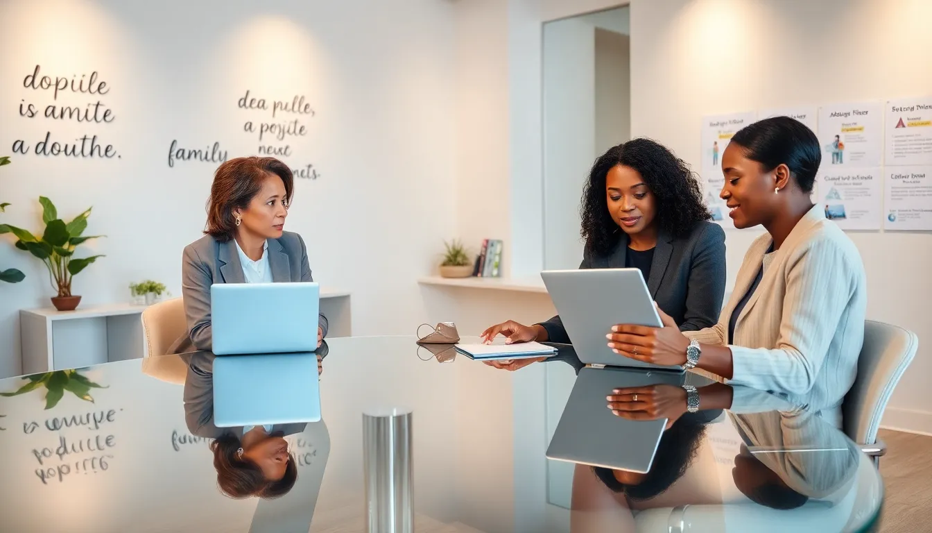 diverse professionals discussing adoption in a modern office.