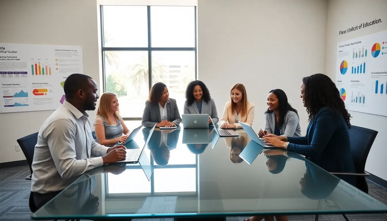 diverse team collaborating in a modern educational setting.