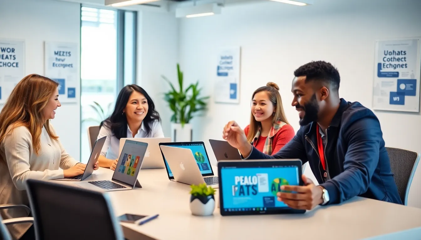 diverse professionals discussing education jobs in a modern office.