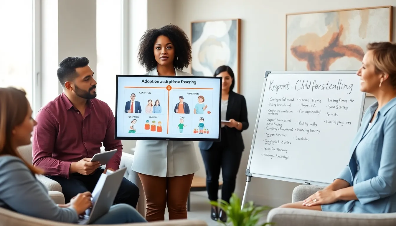 professionals discussing adoption and fostering in a modern office.