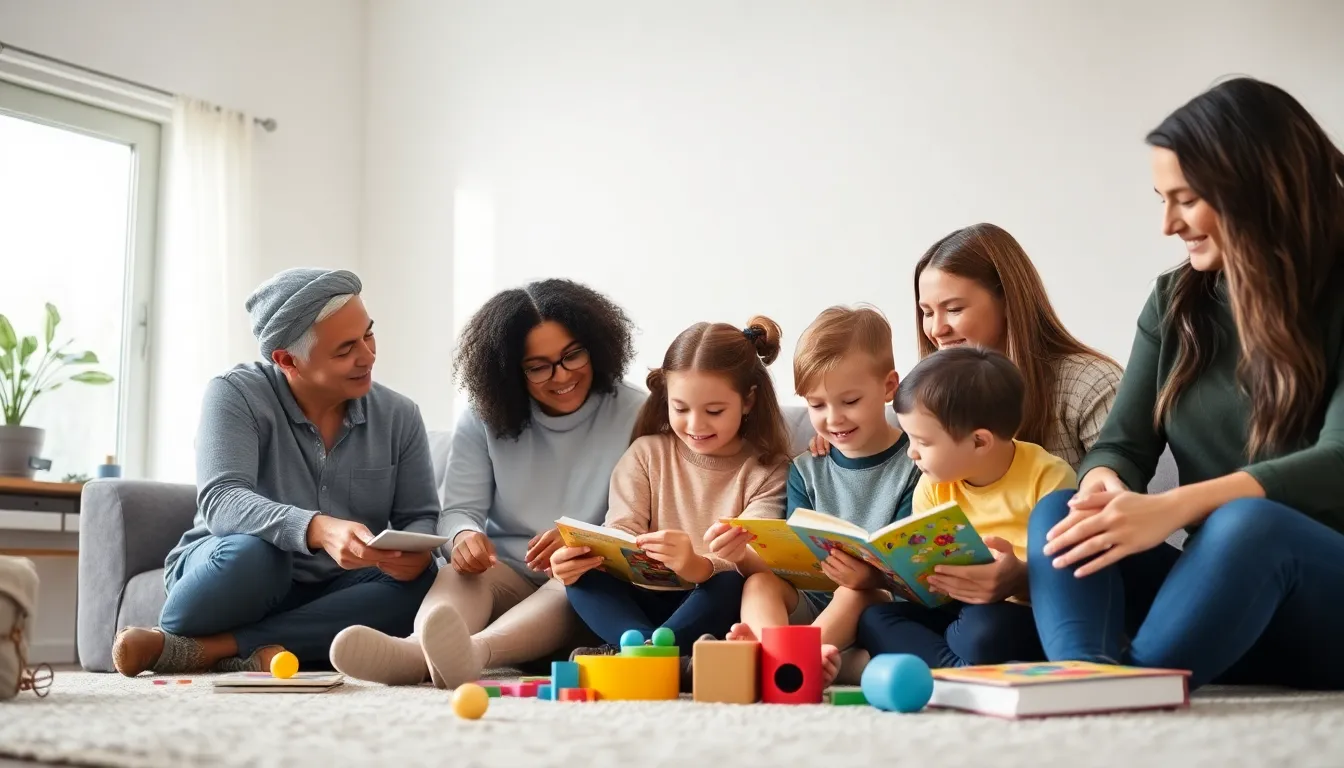 foster parents engaging with children in a welcoming living room.