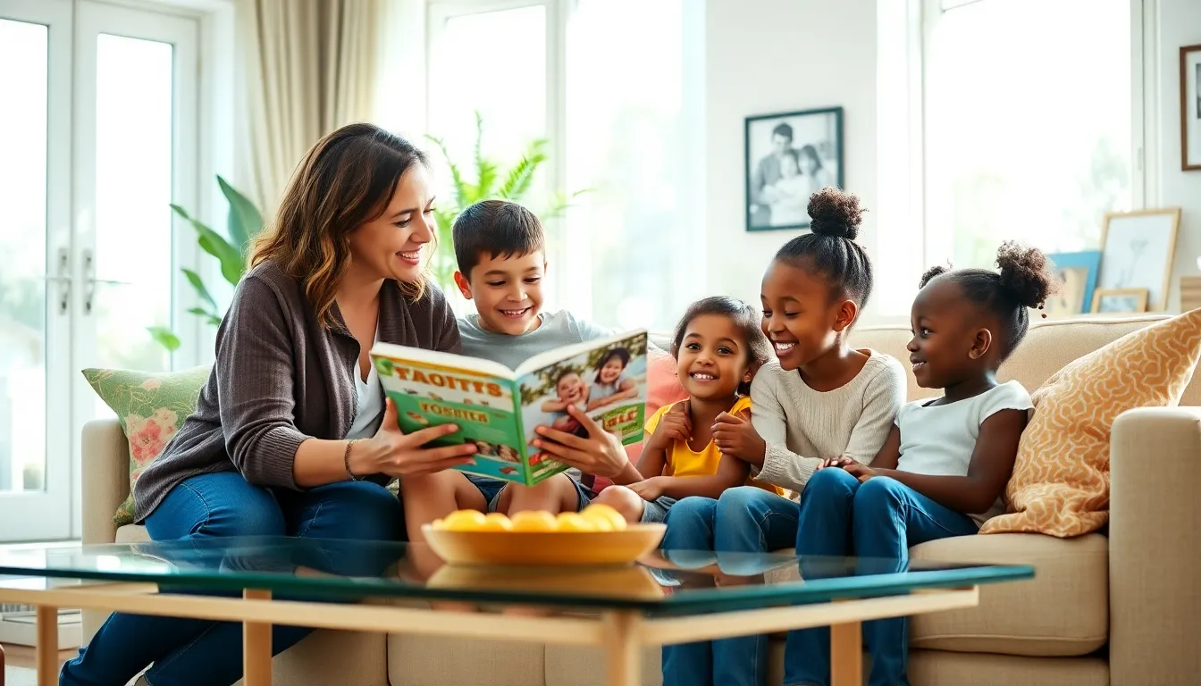 diverse family reading together in a cozy living room.