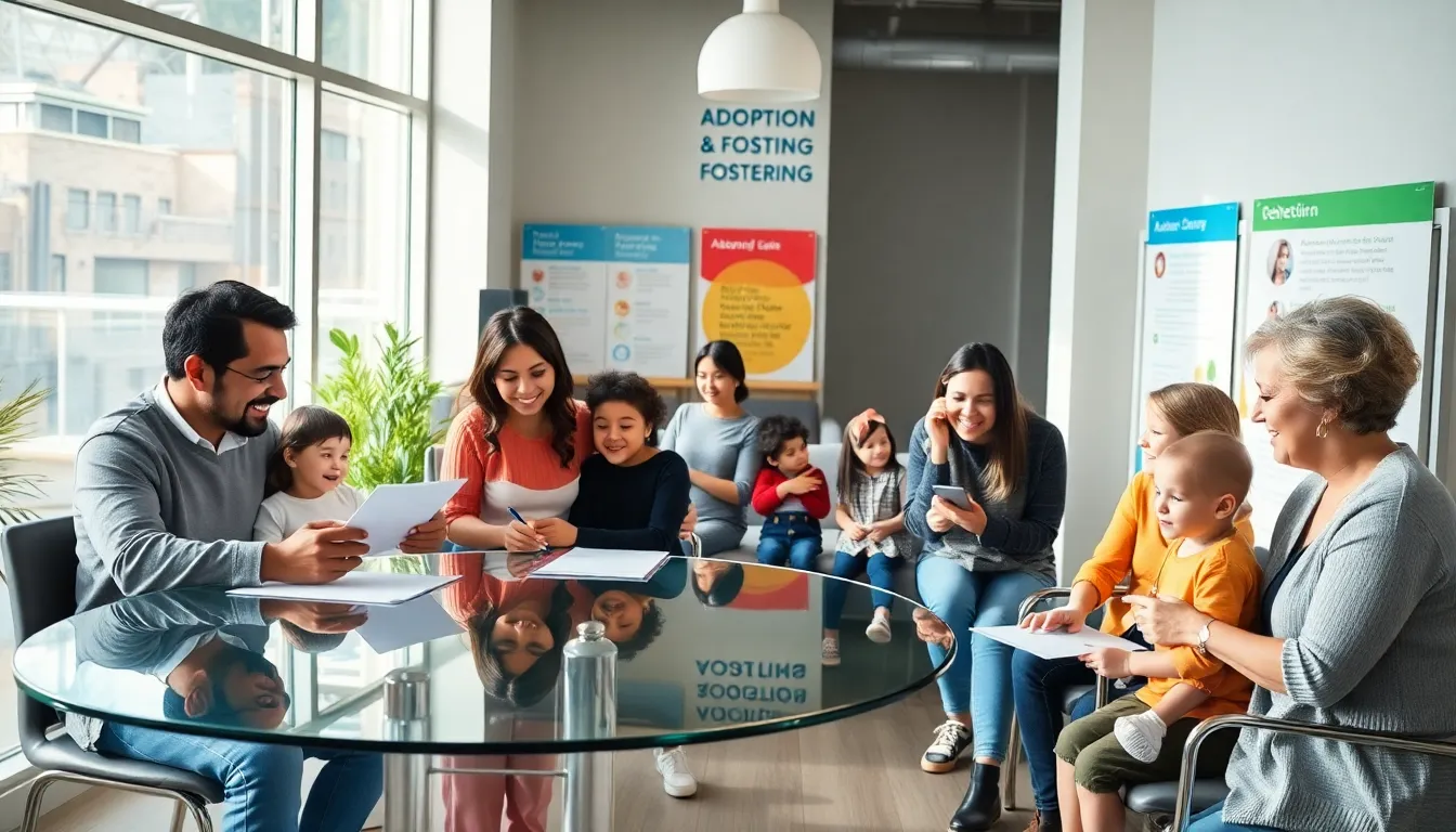 diverse families in a welcoming community center focused on adoption.