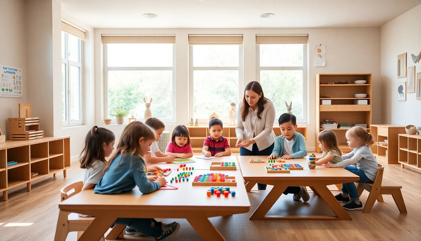 children engaging in hands-on learning in a modern Montessori classroom.